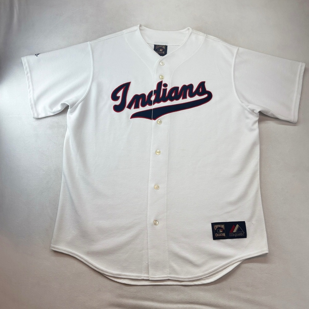 Majestic Cleveland Indians Baseball Jersey Mens L White Cooperstown Vtg